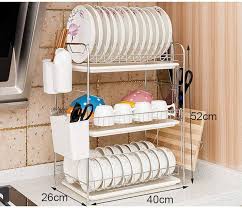 3-Tier Dish Rack Large Capacity Kitchen Dish Drying Rack with Drip Trays, Plate and Bowl Organizer, Cutlery Holder, Side Hooks for Chopping Board, Utensils and Fruits