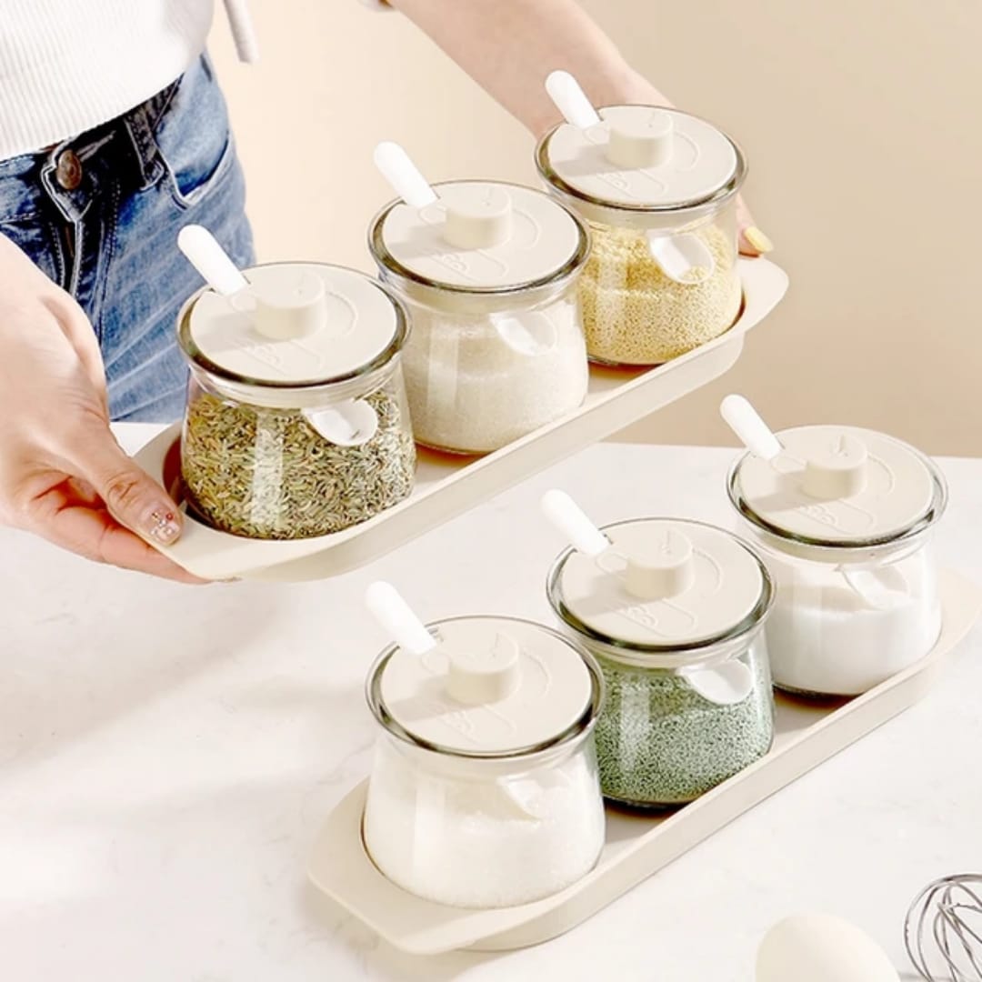 3Pcs Heavy Borosilicate Glass Canister Seasoning Set, Moisture Resistant Spice Storage Jars for Masala, Salt, Sugar and Seasonings, Durable Kitchen Countertop Organizer