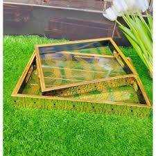 2Pc Acrylic Serving Tray Set, Stylish Transparent Food and Drink Serving Trays for Tea, Coffee, Snacks and Meals, Durable Lightweight Easy-Clean Kitchen Dining Trays for Home, Office and Events