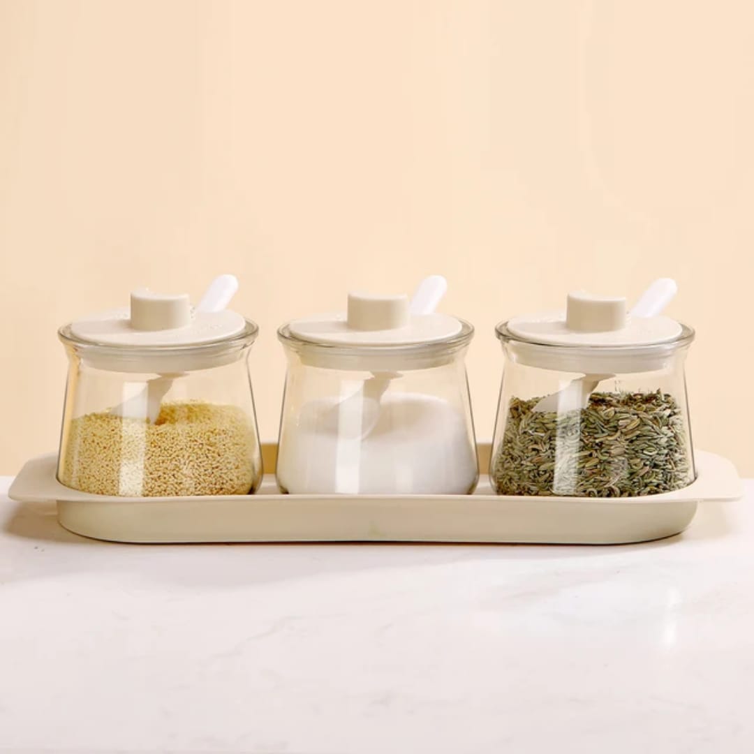 3Pcs Heavy Borosilicate Glass Canister Seasoning Set, Moisture Resistant Spice Storage Jars for Masala, Salt, Sugar and Seasonings, Durable Kitchen Countertop Organizer