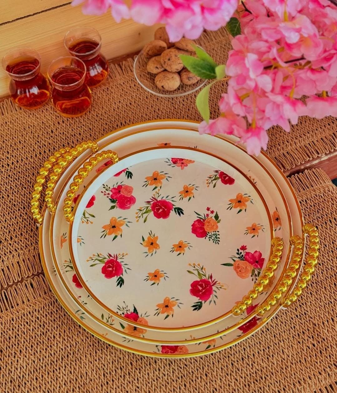 3Pc Plastic Printed Serving Tray Set, Lightweight Durable Food Serving Trays for Tea, Snacks, Meals and Drinks, Easy-Clean Decorative Kitchen Dining Trays for Home, Restaurant and Events