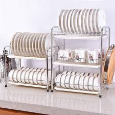 3-Tier Dish Rack Large Capacity Kitchen Dish Drying Rack with Drip Trays, Plate and Bowl Organizer, Cutlery Holder, Side Hooks for Chopping Board, Utensils and Fruits
