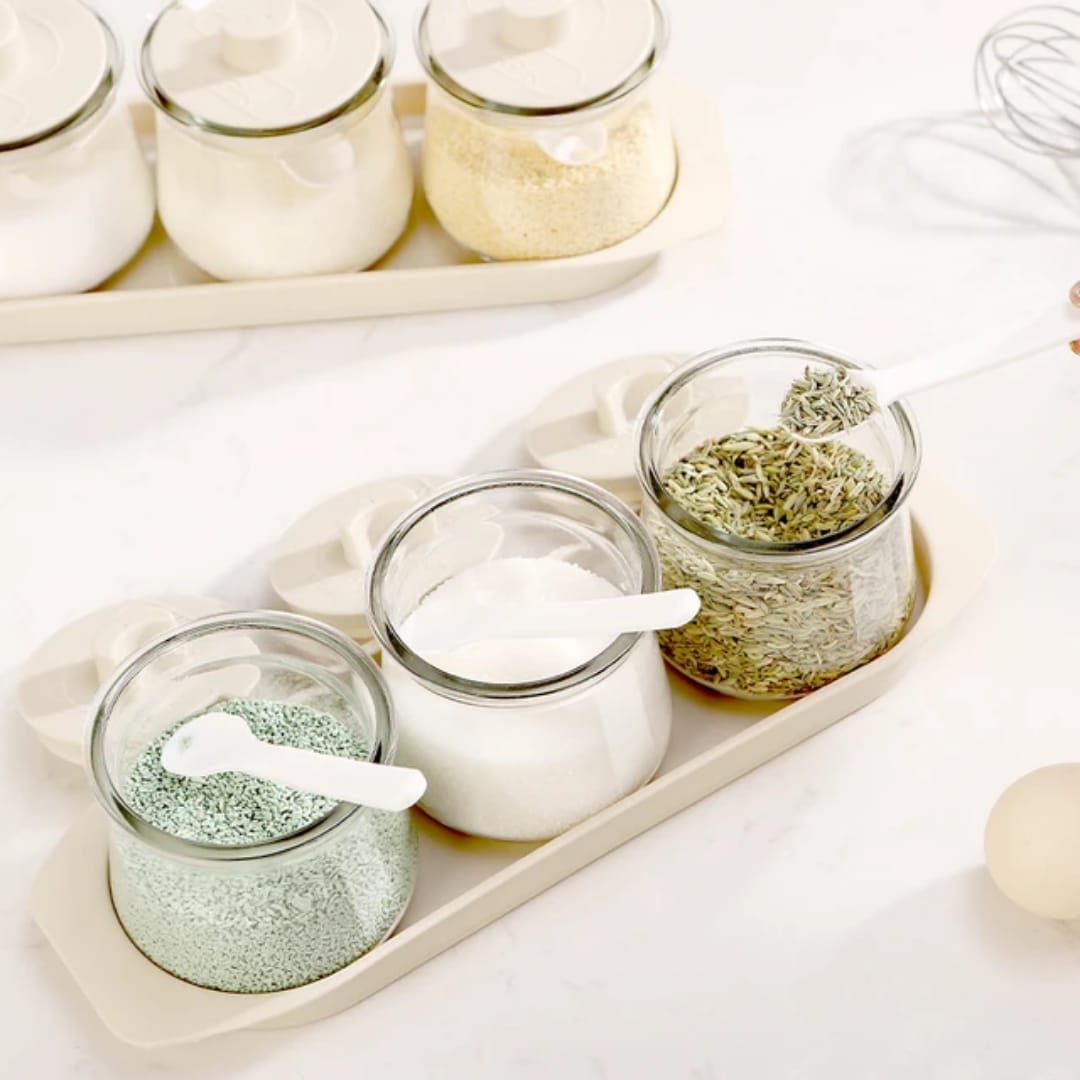 3Pcs Heavy Borosilicate Glass Canister Seasoning Set, Moisture Resistant Spice Storage Jars for Masala, Salt, Sugar and Seasonings, Durable Kitchen Countertop Organizer