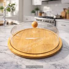 High Quality Bamboo Base Cake Fruit Stand with Acrylic Dome Cover, Elegant Cake Display Tray and Food Serving Platter for Desserts, Fruits, Pastries, Kitchen Countertop and Home Dining
