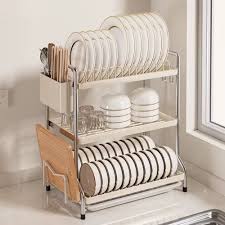 3-Tier Dish Rack Large Capacity Kitchen Dish Drying Rack with Drip Trays, Plate and Bowl Organizer, Cutlery Holder, Side Hooks for Chopping Board, Utensils and Fruits