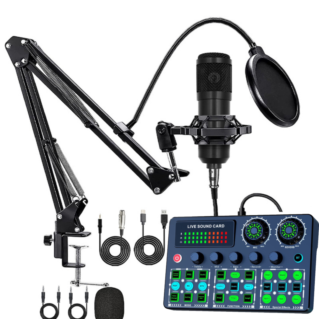 BM800 Condenser Microphone With Metallic Boom Arm Stand + V99 Live Sound Card Bluetooth Mixer, DSP Noise Reduction, Voice Effects For Live Streaming Recording Podcast