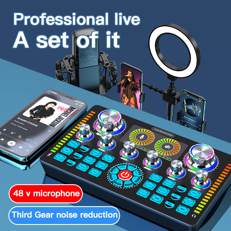 BM800 Condenser Microphone With Metallic Stand + Q7 Live Sound Card Bluetooth Mixer, RGB Controls, DSP Noise Reduction For Live Streaming Podcast Recording DJ Sound Effects