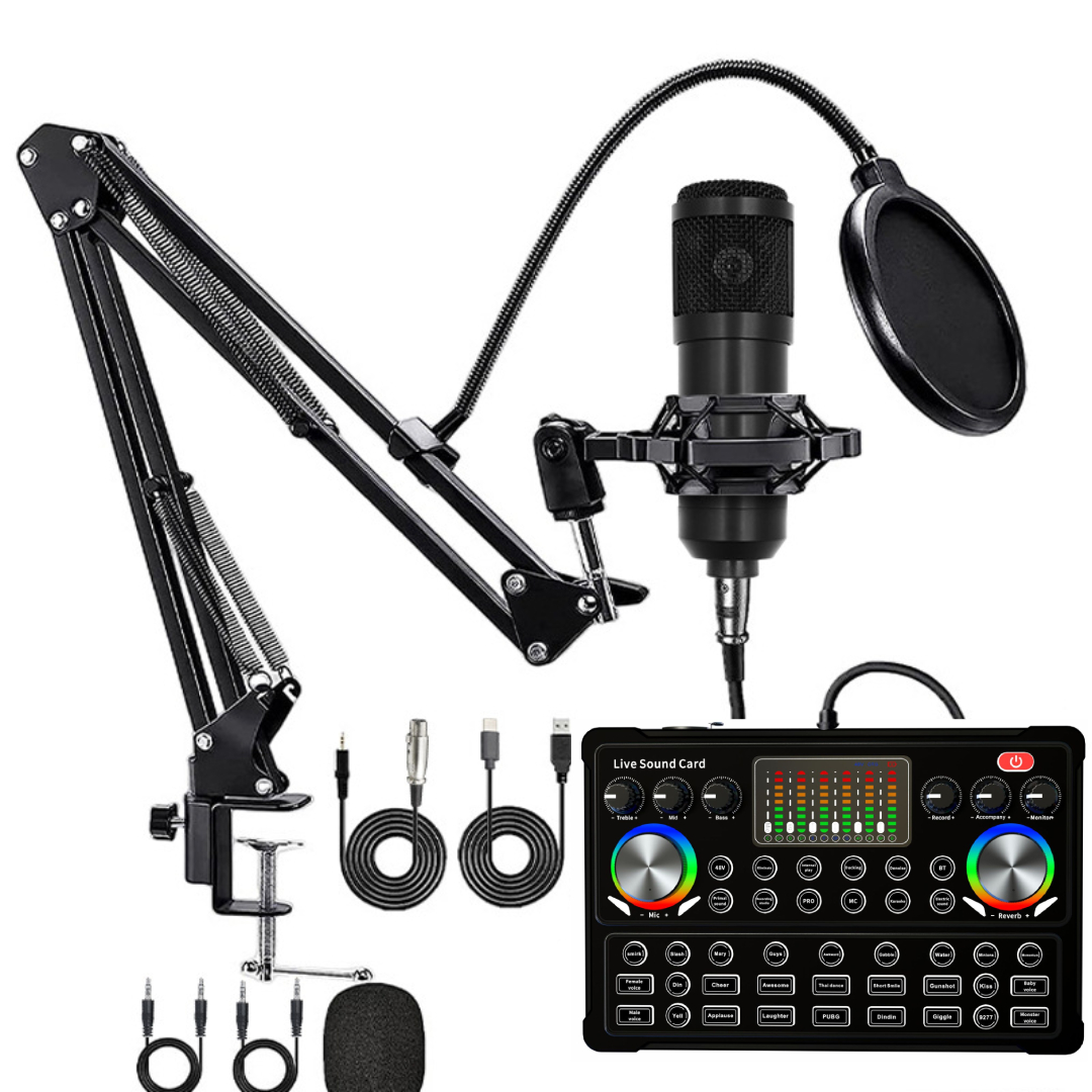 BM800 Condenser Microphone With Metallic Stand + M3 Live Sound Card Bluetooth Mixer, Dual Mic Input, Auto-Tune, Noise Reduction For Live Streaming Recording Podcast DJ Sound Effects
