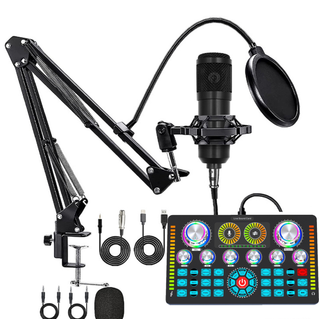 BM800 Condenser Microphone With Metallic Stand + Q7 Live Sound Card Bluetooth Mixer, RGB Controls, DSP Noise Reduction For Live Streaming Podcast Recording DJ Sound Effects
