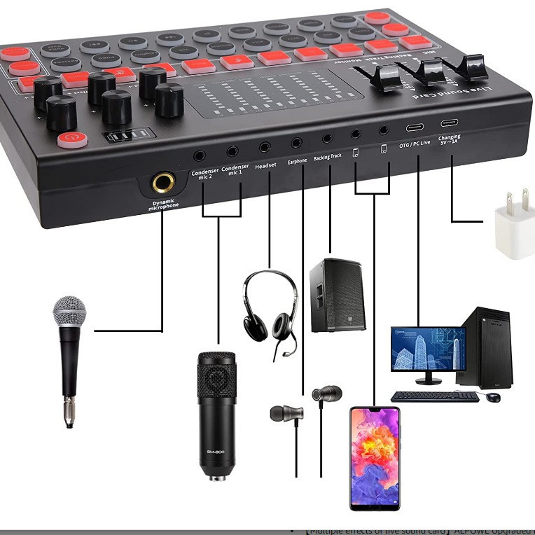 BM800 Condenser Microphone With Metallic Stand + M9 Professional Live Sound Card – Bluetooth, Auto-Tune, Noise Reduction For Streaming & Recording DJ Sound Effects