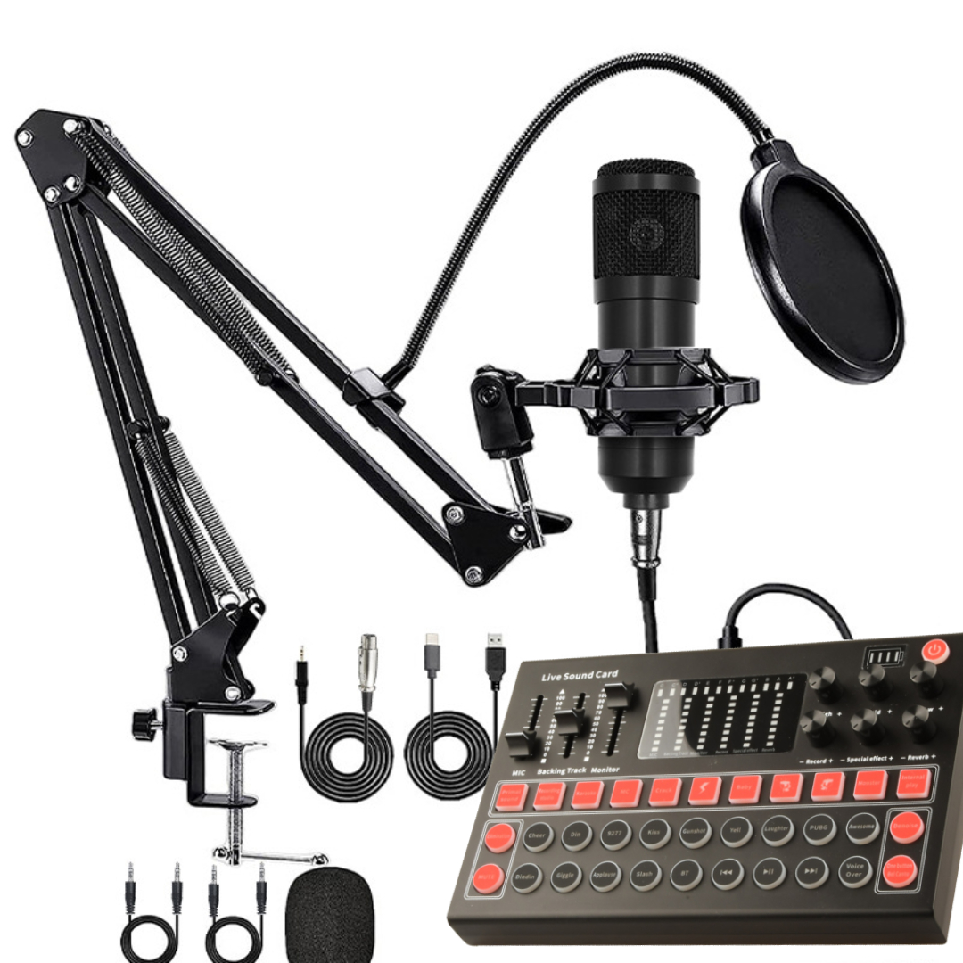 BM800 Condenser Microphone With Metallic Stand + M9 Professional Live Sound Card – Bluetooth, Auto-Tune, Noise Reduction For Streaming & Recording DJ Sound Effects