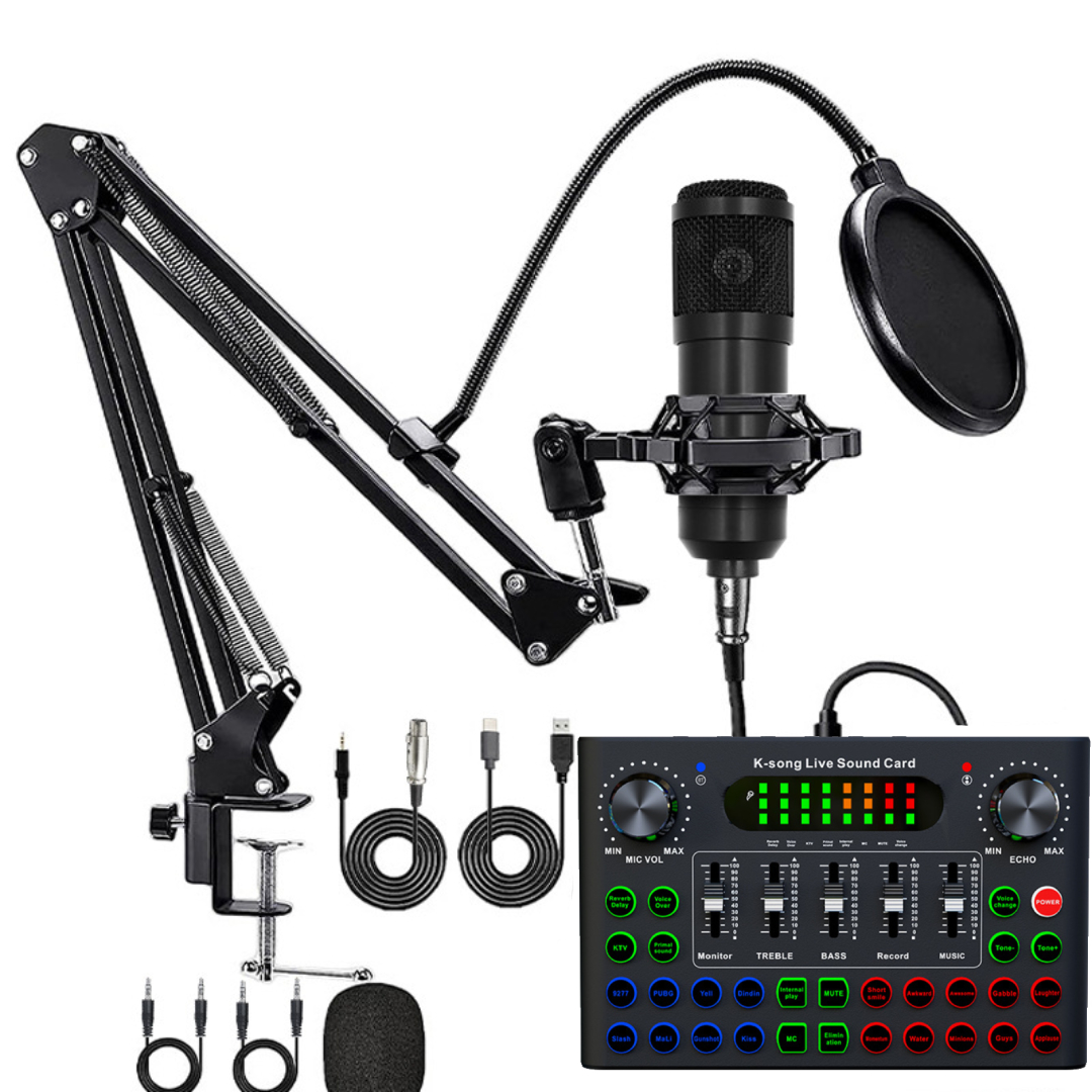 BM800 Condenser Microphone With Metallic Stand + F007C Live Sound Card – Bluetooth Mixer, Voice Changer, Noise Reduction For Streaming & Recording DJ Sound Effects