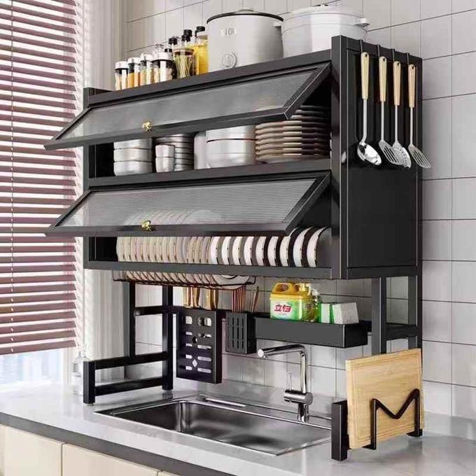 Double Over-the-Sink Rack with Glass Acrylic Cover – Size 32 × 12.6 × 17.3 cm🔥🔥Designed to maximize vertical storage, this rack allows you to neatly arrange plates, bowls, utensils, and condiments w