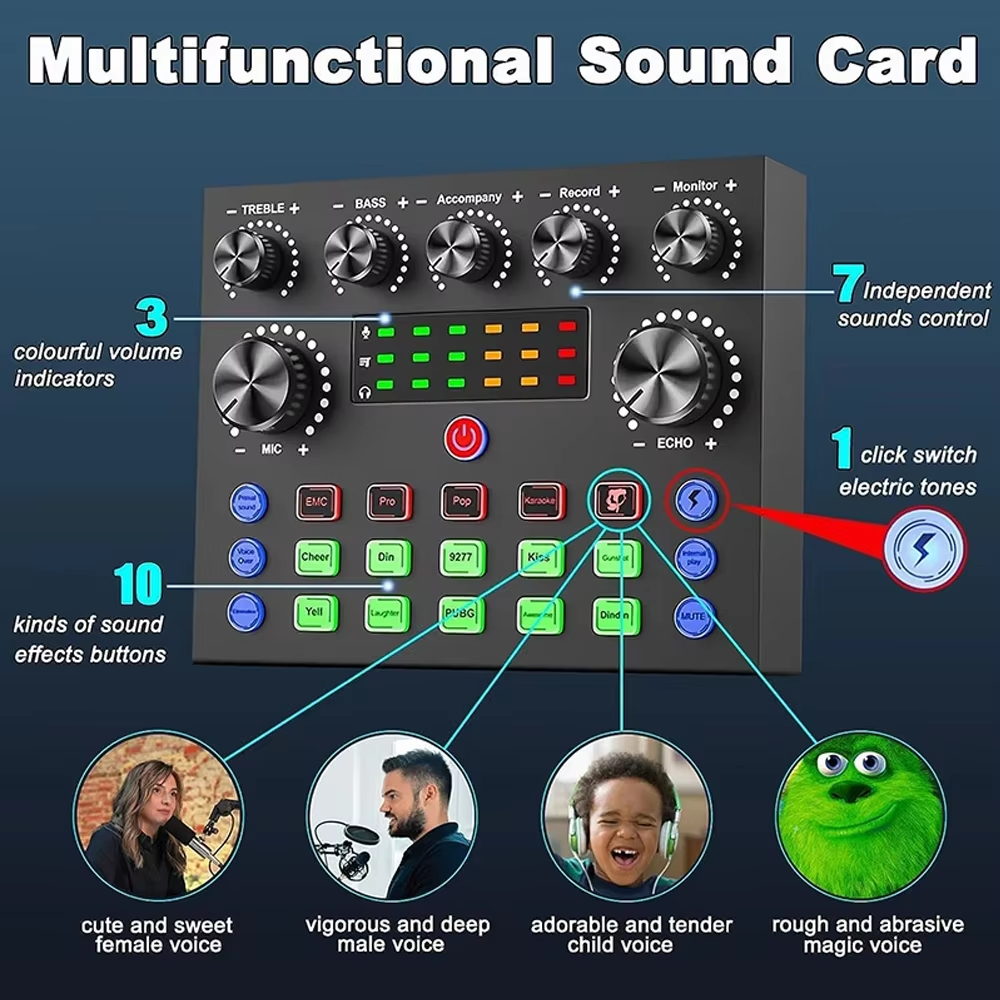 Live Sound Card Podcast Equipment Live Broadcast DJ Device  V8s Sound Card + BM800 Mic Set For Music/Recording Live Streaming For DJ Disco Device