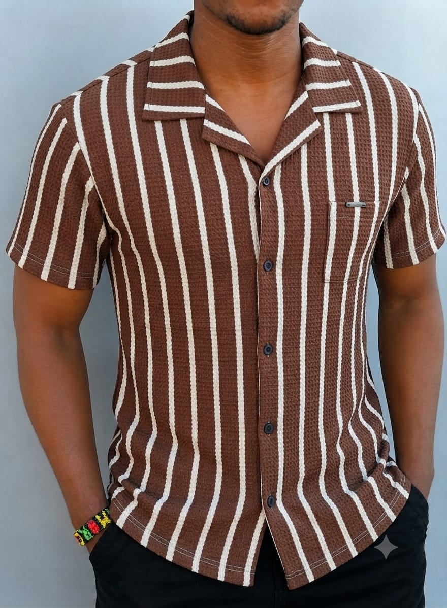 New Arrival Men's Premium Striped Cuban Collar Boutique Shirts; Short Sleeved Breathable Cuban Shirts /Non-Fade Fabric Men's Clothing /Men's Shirts