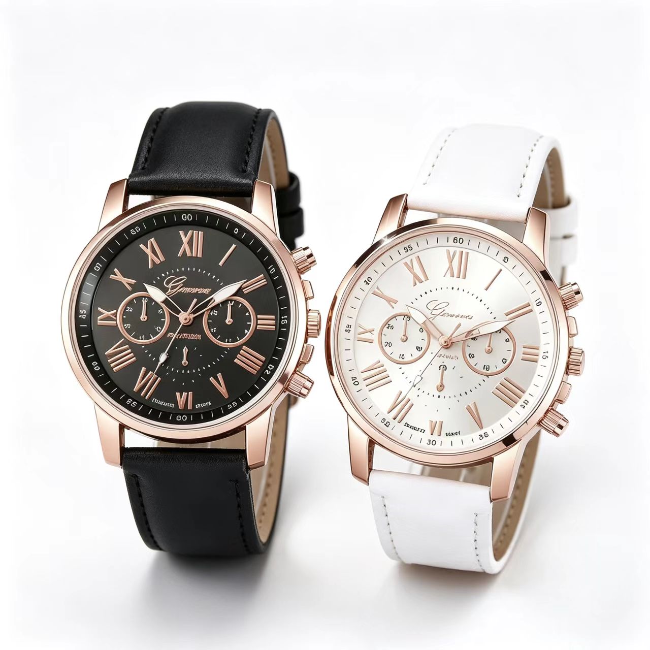 4 In 1 Couple Watch And Bracelet Set Rose Gold Roman Numeral Chronograph Quartz Watch With Leather Strap And Matching Magnetic Heart Beaded Bracelets For Anniversary Dating Daily Wear