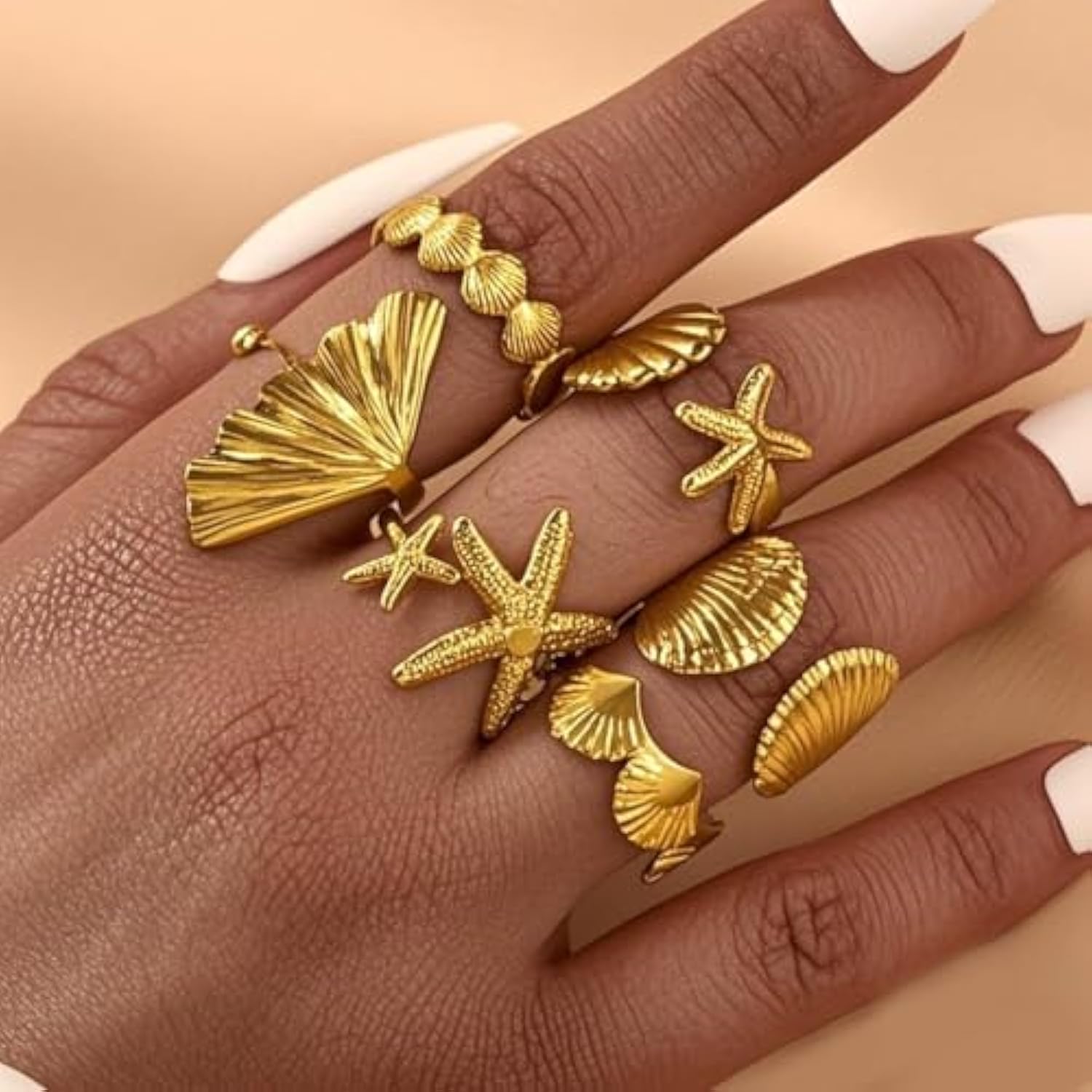 ZHJH 6Pcs Set Starfish Shell  Ginkgo Leaf Gold Ring Adjustable Open Ring Vintage Style Fashion Women Stackable Exaggerated Jewelry Set For Daily Use Party Nightclub Beach Trip Summer Vacatio