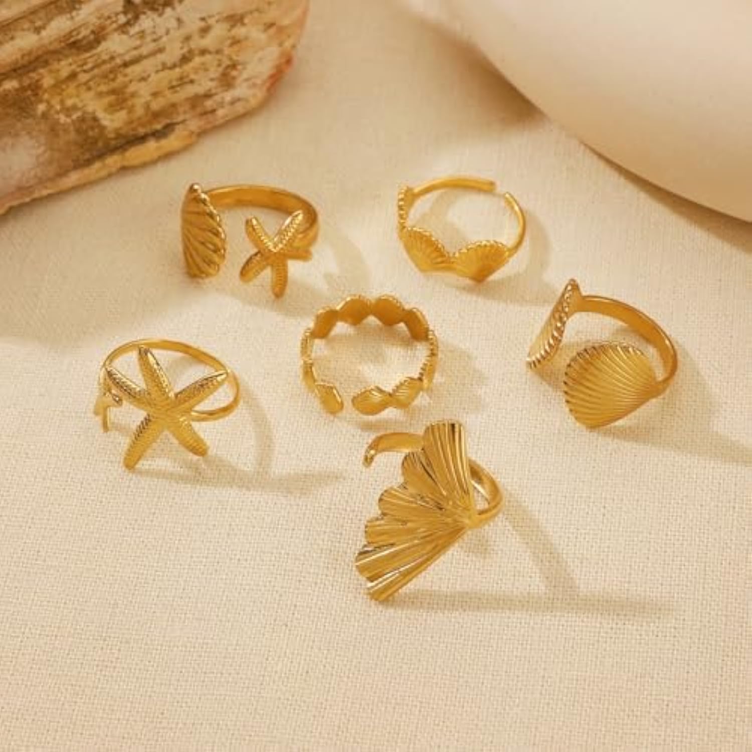 ZHJH 6Pcs Set Starfish Shell  Ginkgo Leaf Gold Ring Adjustable Open Ring Vintage Style Fashion Women Stackable Exaggerated Jewelry Set For Daily Use Party Nightclub Beach Trip Summer Vacatio