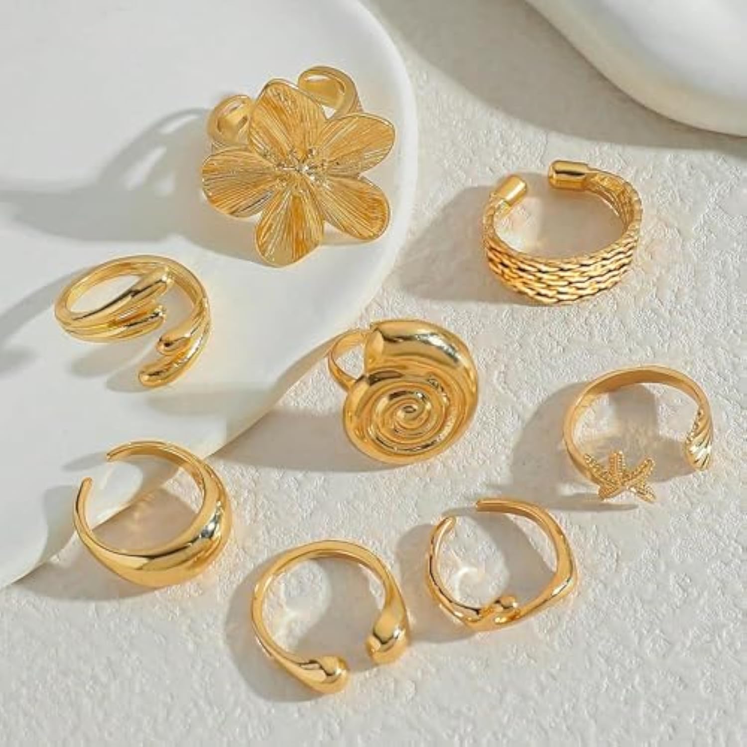 ZHJH 8Pcs Set Flower Conch Shell Gold Ring Vintage Style Fashion Women Stackable Exaggerated Jewelry Set For Daily Use Party Nightclub Beach Trip Summer Vacation Dating Birthday Anniversary Gift