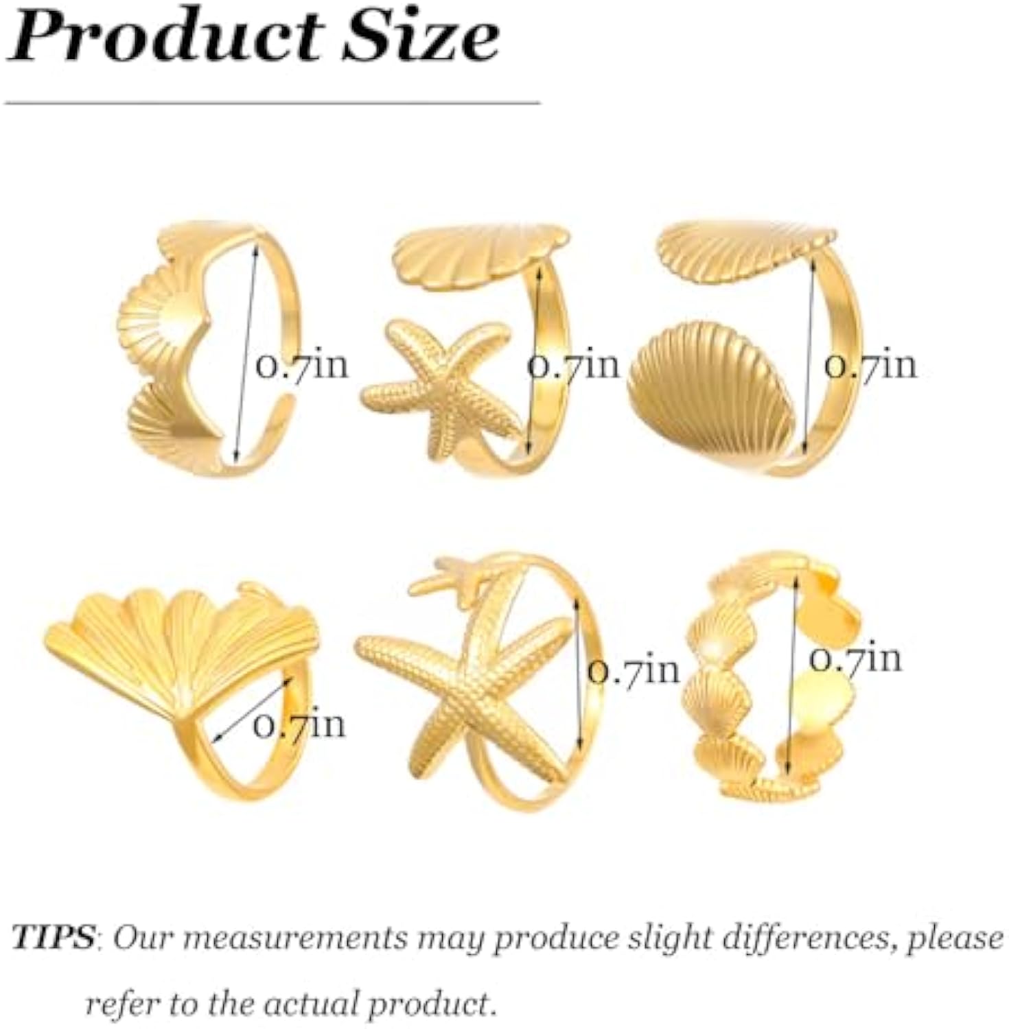 ZHJH 6Pcs Set Starfish Shell  Ginkgo Leaf Gold Ring Adjustable Open Ring Vintage Style Fashion Women Stackable Exaggerated Jewelry Set For Daily Use Party Nightclub Beach Trip Summer Vacatio