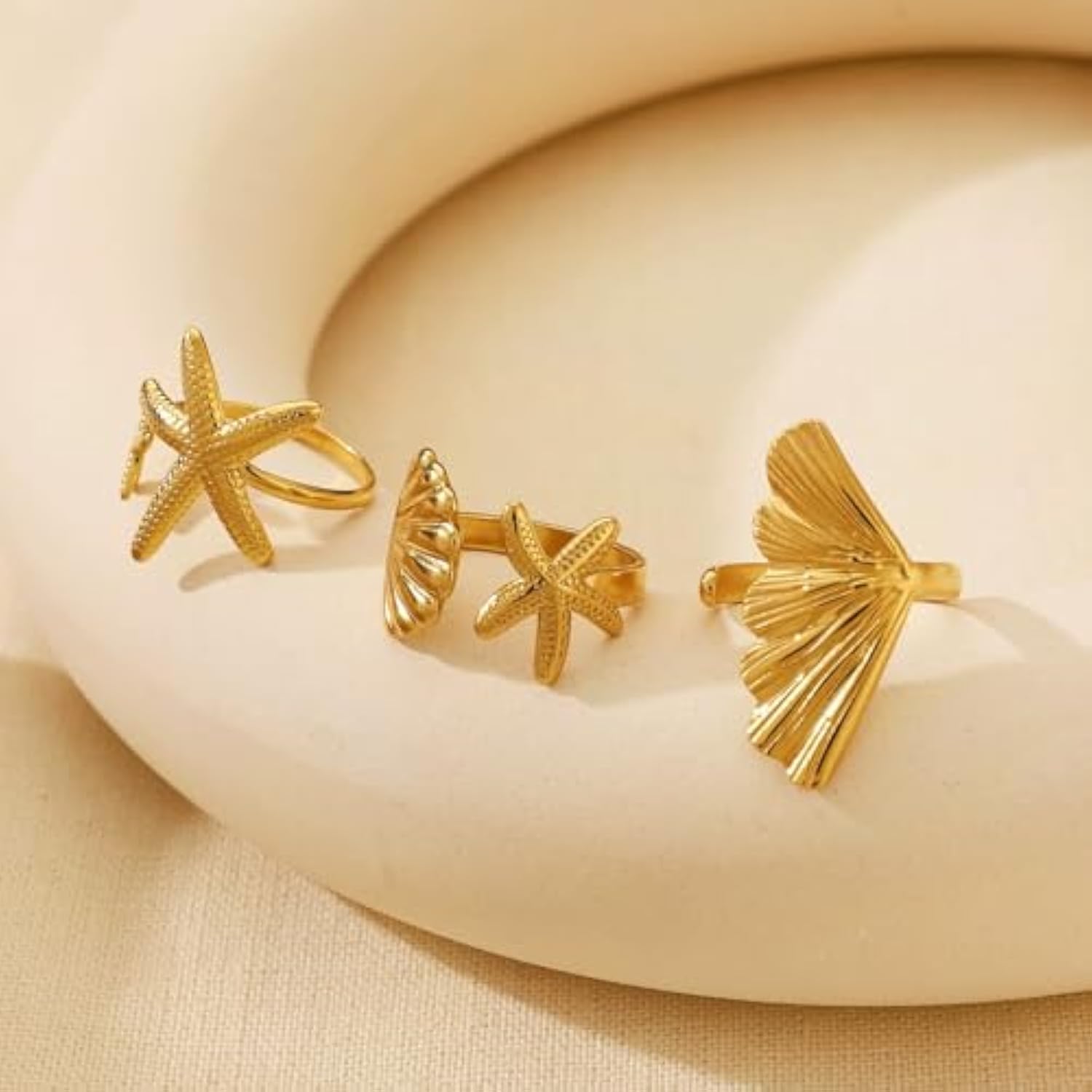 ZHJH 6Pcs Set Starfish Shell  Ginkgo Leaf Gold Ring Adjustable Open Ring Vintage Style Fashion Women Stackable Exaggerated Jewelry Set For Daily Use Party Nightclub Beach Trip Summer Vacatio