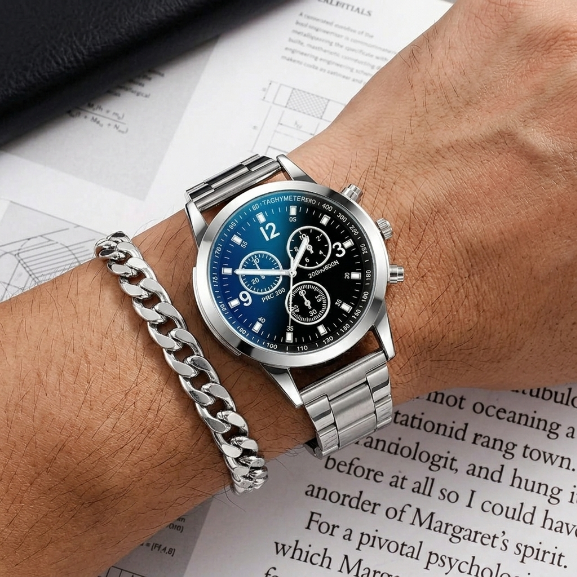 2 In 1 Men's Geneva Watch And Bracelet Set Chronograph Style Blue Dial Quartz Wristwatch With Stainless Steel Band And Matching Cuban Link Bracelet Fashion Casual Accessories Gift Set For Men