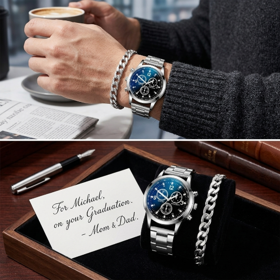 2 In 1 Men's Geneva Watch And Bracelet Set Chronograph Style Blue Dial Quartz Wristwatch With Stainless Steel Band And Matching Cuban Link Bracelet Fashion Casual Accessories Gift Set For Men