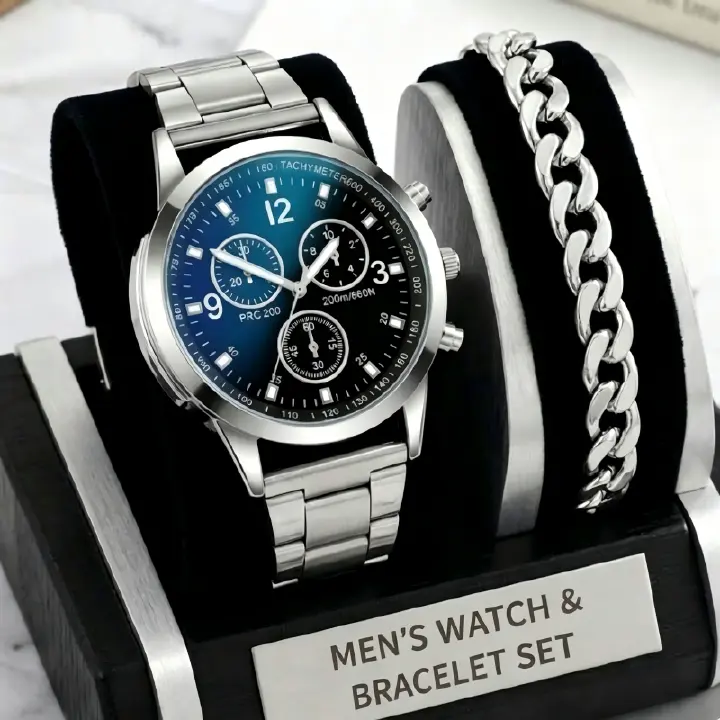 2 In 1 Men's Geneva Watch And Bracelet Set Chronograph Style Blue Dial Quartz Wristwatch With Stainless Steel Band And Matching Cuban Link Bracelet Fashion Casual Accessories Gift Set For Men