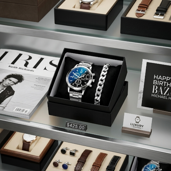 2 In 1 Men's Geneva Watch And Bracelet Set Chronograph Style Blue Dial Quartz Wristwatch With Stainless Steel Band And Matching Cuban Link Bracelet Fashion Casual Accessories Gift Set For Men