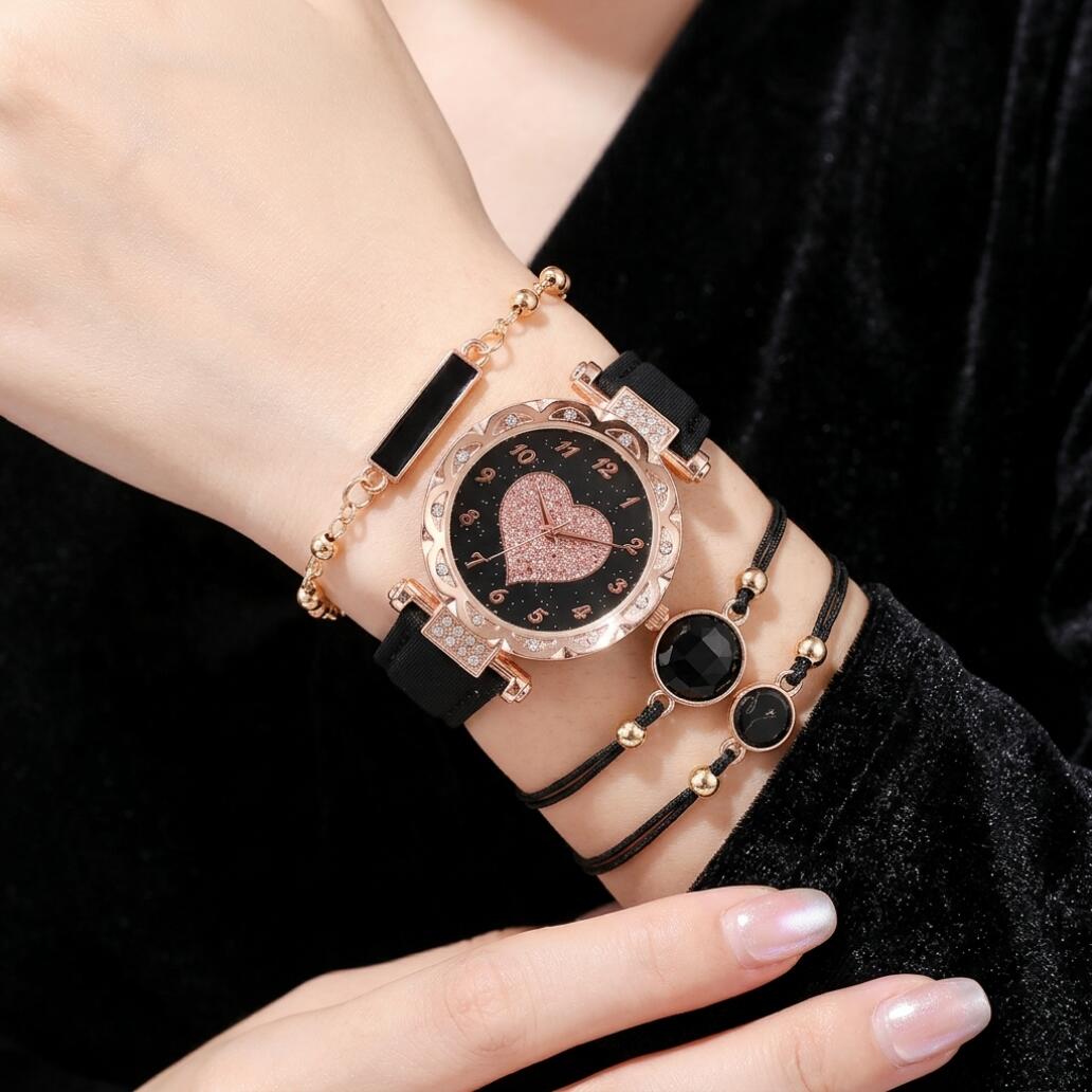4 In 1 Women's Watch And Bracelet Set Women's Jewelry Set Flower Watch Sparkling Crystal Quartz Wristwatch With Black Leather Strap And Marble Pattern Bracelets Fashion Casual For Gift Daily Wear