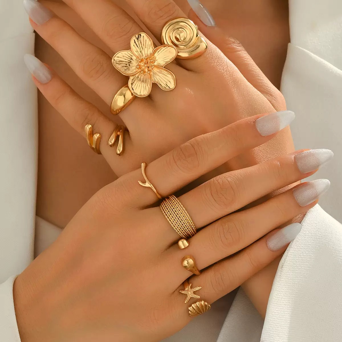 ZHJH 8Pcs Set Flower Conch Shell Gold Ring Vintage Style Fashion Women Stackable Exaggerated Jewelry Set For Daily Use Party Nightclub Beach Trip Summer Vacation Dating Birthday Anniversary Gift
