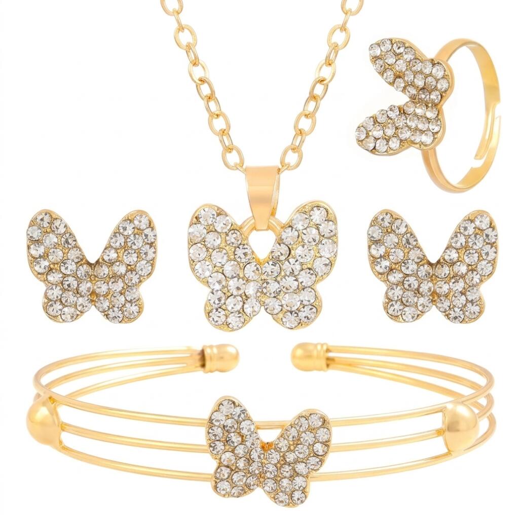 5Pcs Full Rhinestone Butterfly Jewelry Set Non Fade Gold Plated Adjustable Size Necklace Bracelet Ring Earrings Kit Daily Party Wedding Bridal Gift Accessories For Travel Holiday Outfit Matching