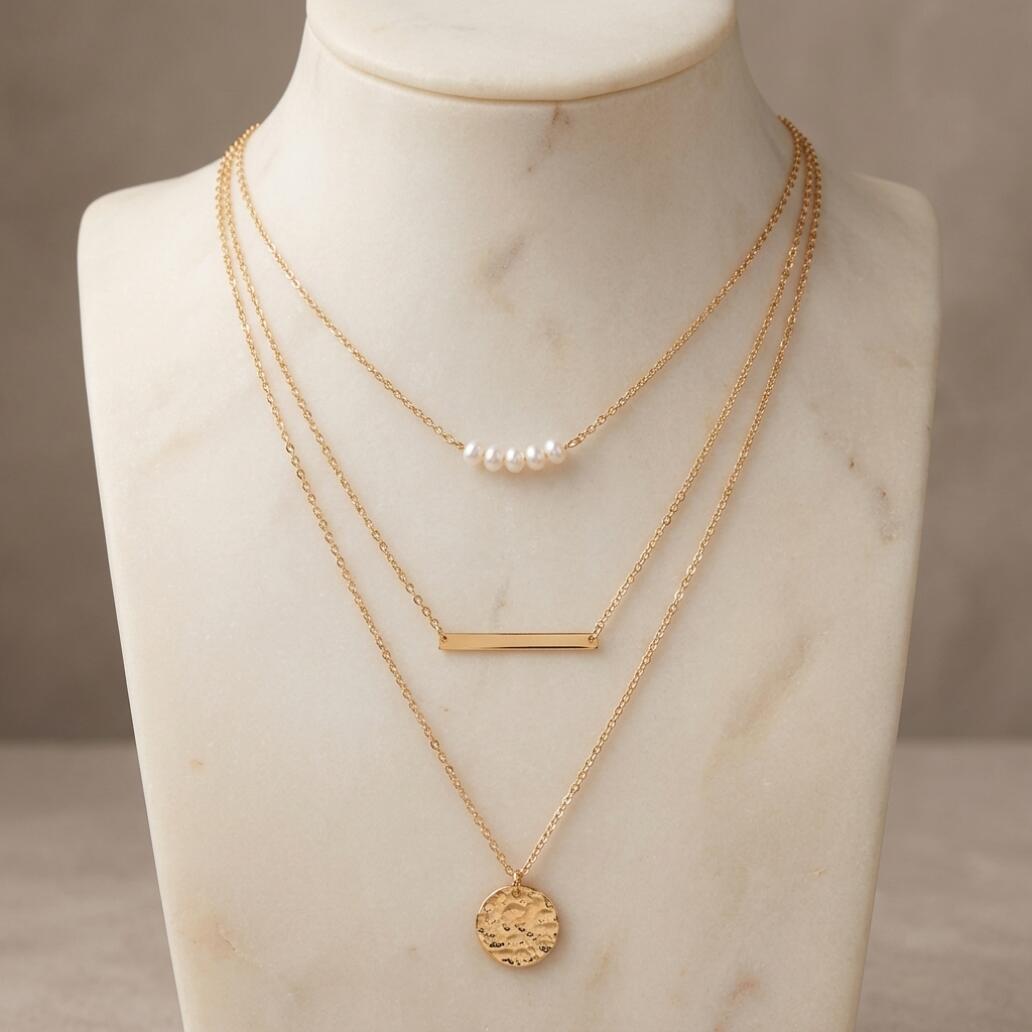 3 Layered Pearl Bar Coin Necklace Set Dainty Gold Layered Necklace With Pearl Beads Bar Pendant And Disc Charm For Women Girls Daily Party Wedding Wear