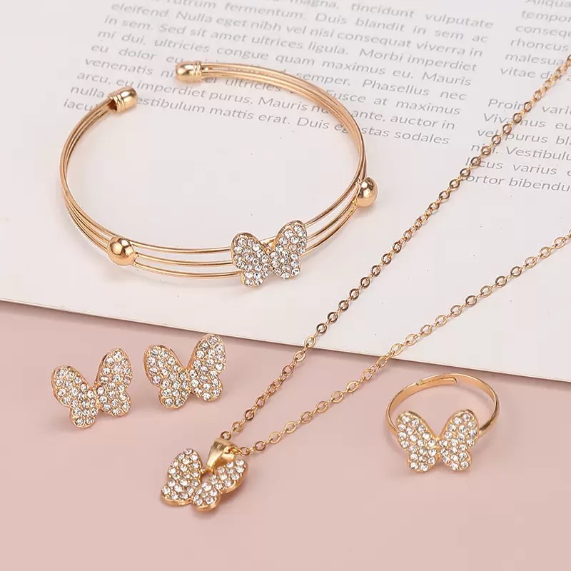 5Pcs Full Rhinestone Butterfly Jewelry Set Non Fade Gold Plated Adjustable Size Necklace Bracelet Ring Earrings Kit Daily Party Wedding Bridal Gift Accessories For Travel Holiday Outfit Matching