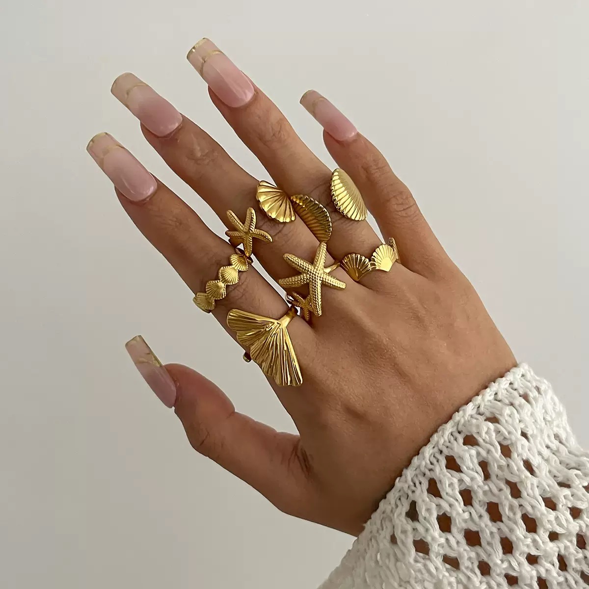 ZHJH 6Pcs Set Starfish Shell  Ginkgo Leaf Gold Ring Adjustable Open Ring Vintage Style Fashion Women Stackable Exaggerated Jewelry Set For Daily Use Party Nightclub Beach Trip Summer Vacatio