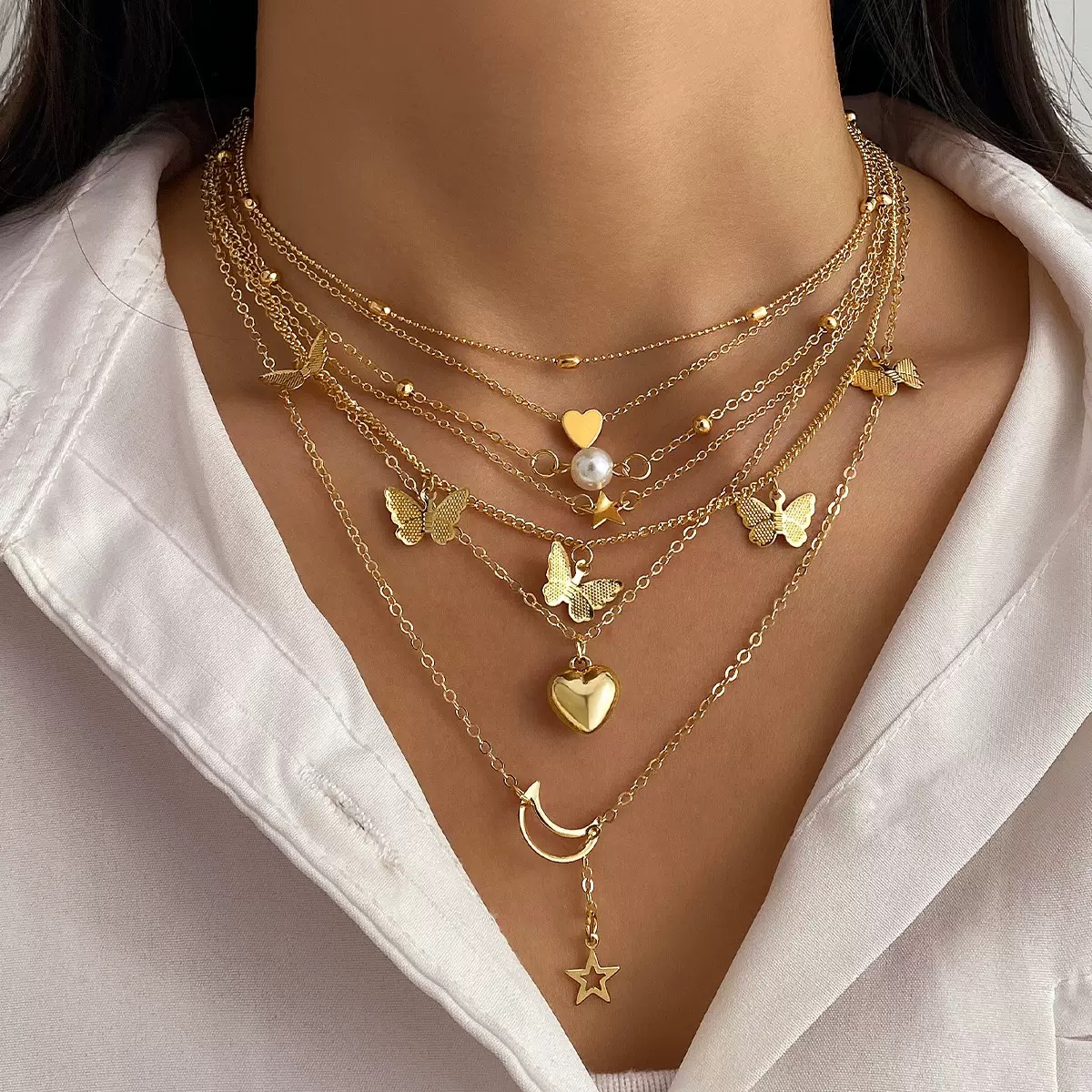 6PCS Ladies' Necklace Luxury Set Butterfly Tassel Layered Moon Pearl Pentagram Set Collarbone Chain Metal Chain Heart Necklace Versatile Personality 6 Mixed And Matched Light Luxury Deluxe Gifts