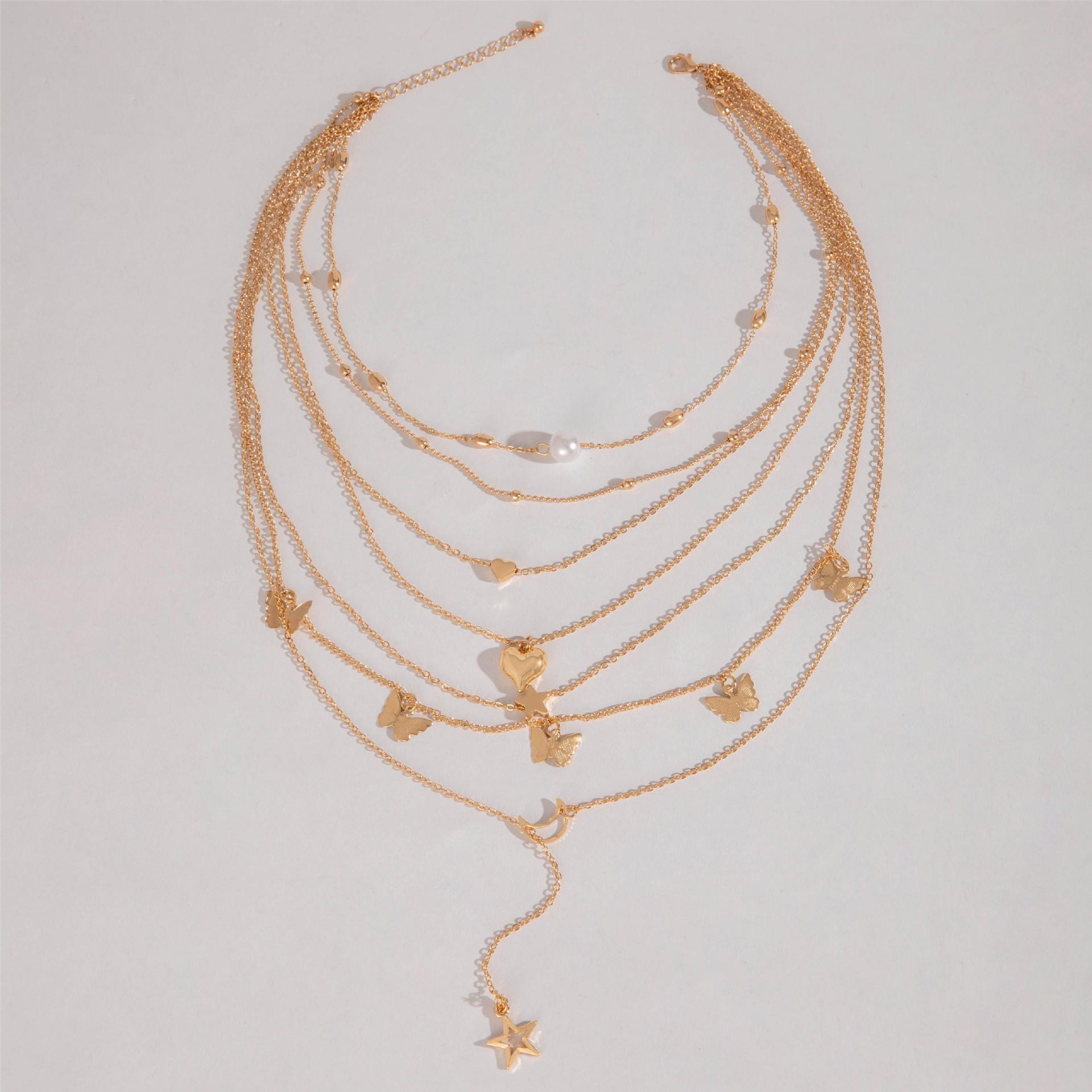 6PCS Ladies' Necklace Luxury Set Butterfly Tassel Layered Moon Pearl Pentagram Set Collarbone Chain Metal Chain Heart Necklace Versatile Personality 6 Mixed And Matched Light Luxury Deluxe Gifts