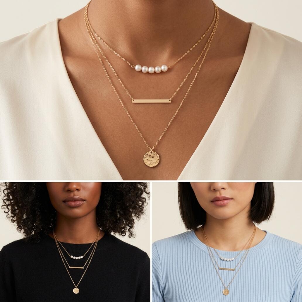 3 Layered Pearl Bar Coin Necklace Set Dainty Gold Layered Necklace With Pearl Beads Bar Pendant And Disc Charm For Women Girls Daily Party Wedding Wear