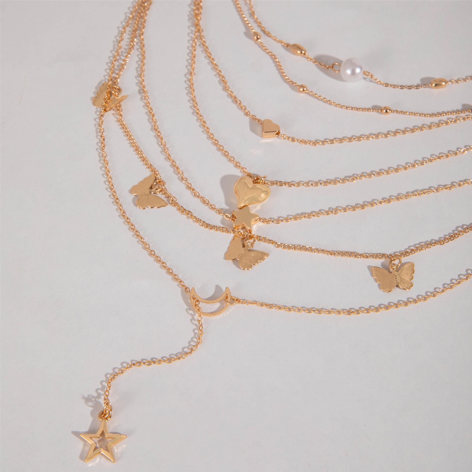 6PCS Ladies' Necklace Luxury Set Butterfly Tassel Layered Moon Pearl Pentagram Set Collarbone Chain Metal Chain Heart Necklace Versatile Personality 6 Mixed And Matched Light Luxury Deluxe Gifts
