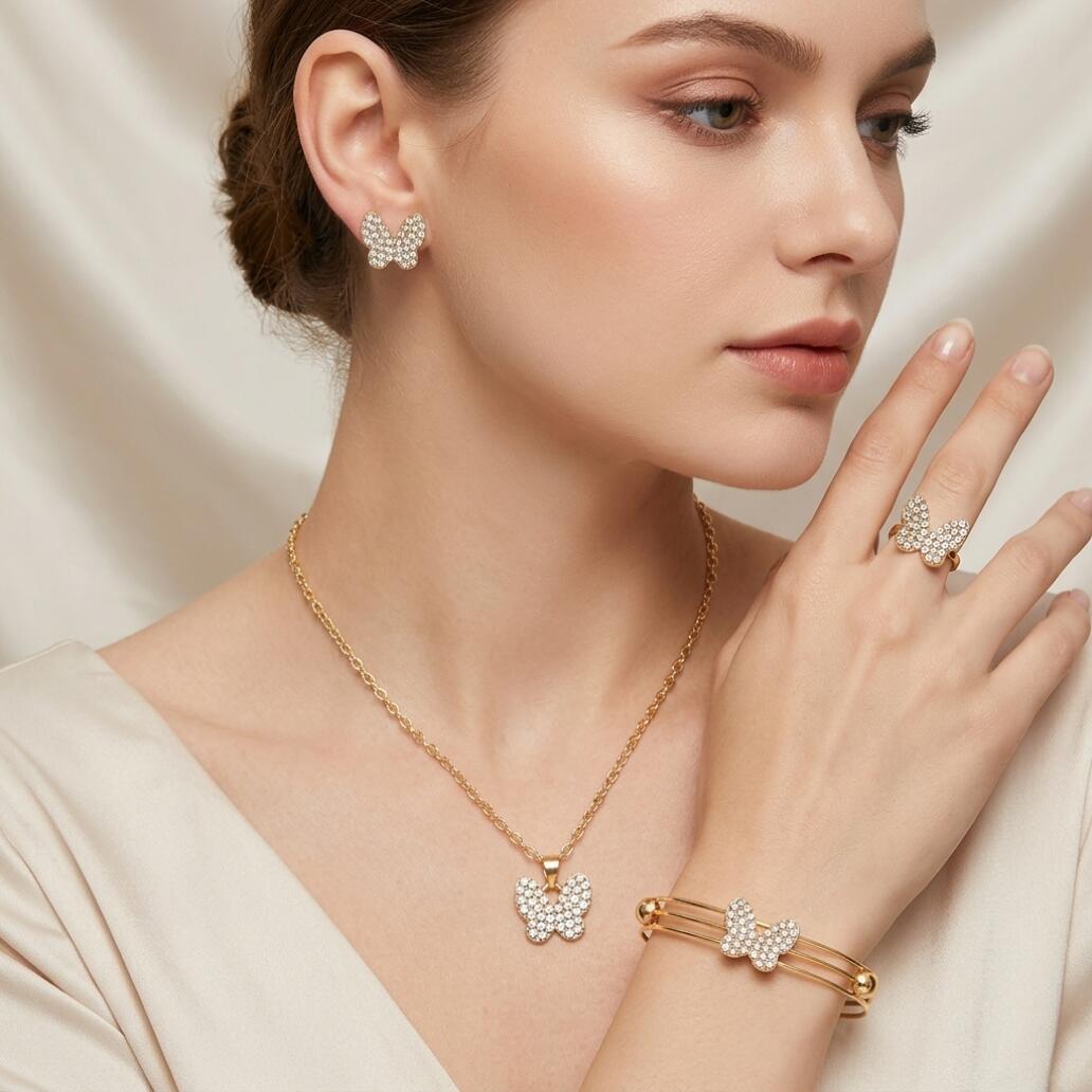 5Pcs Full Rhinestone Butterfly Jewelry Set Non Fade Gold Plated Adjustable Size Necklace Bracelet Ring Earrings Kit Daily Party Wedding Bridal Gift Accessories For Travel Holiday Outfit Matching