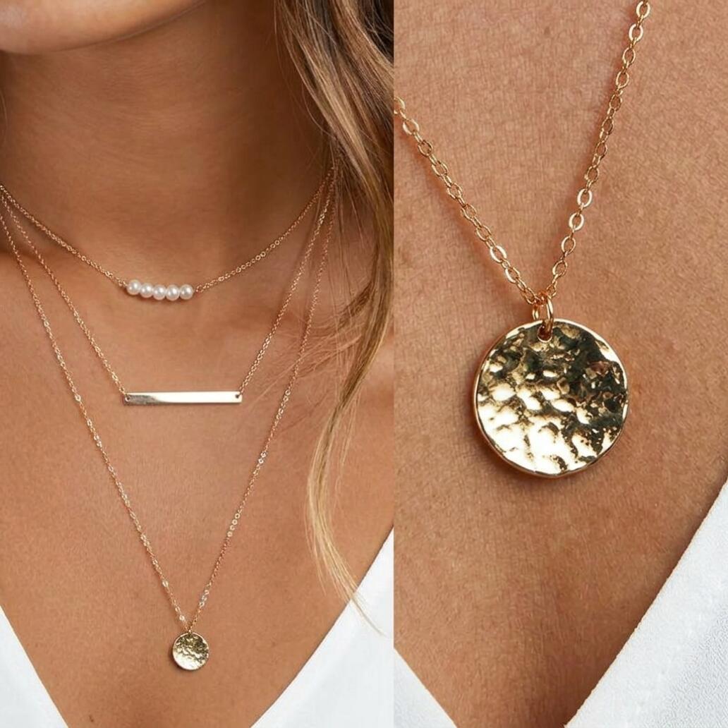 3 Layered Pearl Bar Coin Necklace Set Dainty Gold Layered Necklace With Pearl Beads Bar Pendant And Disc Charm For Women Girls Daily Party Wedding Wear