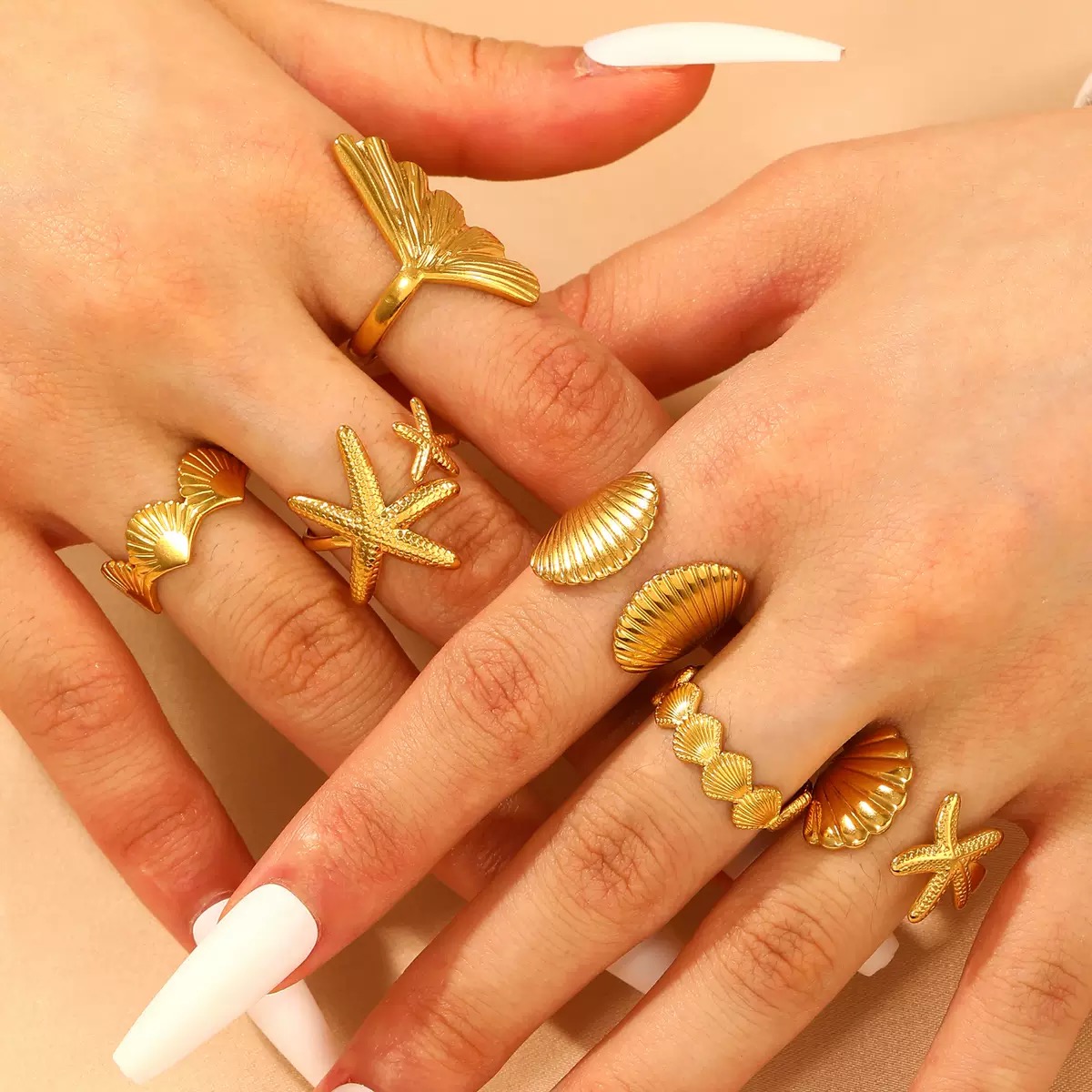 ZHJH 6Pcs Set Starfish Shell  Ginkgo Leaf Gold Ring Adjustable Open Ring Vintage Style Fashion Women Stackable Exaggerated Jewelry Set For Daily Use Party Nightclub Beach Trip Summer Vacatio