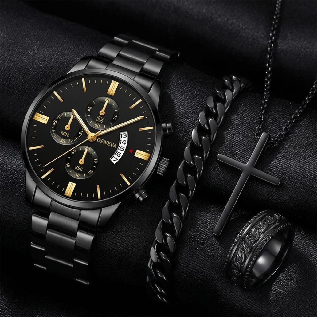 4 In 1 Men's Watch And Jewelry Set Exquisite Titanium Steel Thickened Chain Cuban Bracelet Snake Bone Necklace Ring Set Three Eye Quartz Calendar With Stainless Steel Band Not Easy to Fade Daily Wear