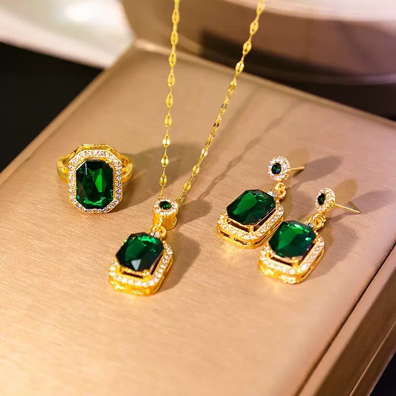 4Pcs Jewelry Set Women's Jewelry Sets Luxury Emerald Green Gemstone Gold Plated Cubic Zirconia Necklace Earrings Ring Bracelet For Women Wedding Party Dinner Date Anniversary Birthday Business Meeting