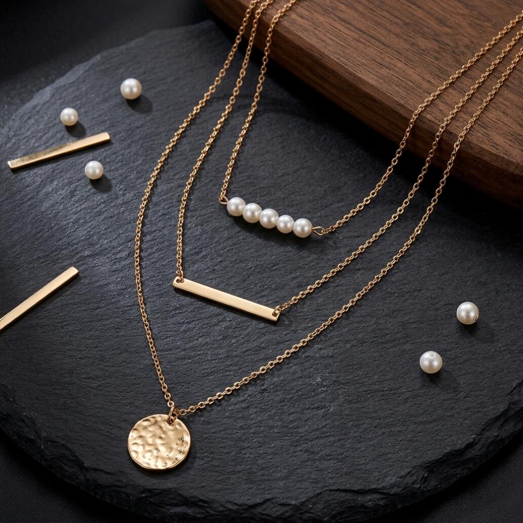 3 Layered Pearl Bar Coin Necklace Set Dainty Gold Layered Necklace With Pearl Beads Bar Pendant And Disc Charm For Women Girls Daily Party Wedding Wear