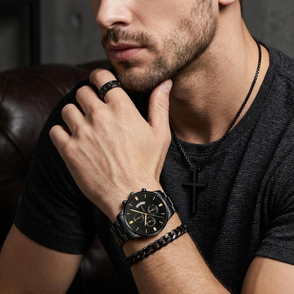 4 In 1 Men's Watch And Jewelry Set Exquisite Titanium Steel Thickened Chain Cuban Bracelet Snake Bone Necklace Ring Set Three Eye Quartz Calendar With Stainless Steel Band Not Easy to Fade Daily Wear