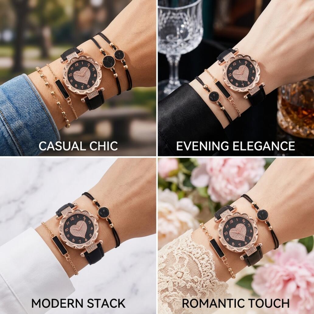 4 In 1 Women's Watch And Bracelet Set Women's Jewelry Set Flower Watch Sparkling Crystal Quartz Wristwatch With Black Leather Strap And Marble Pattern Bracelets Fashion Casual For Gift Daily Wear