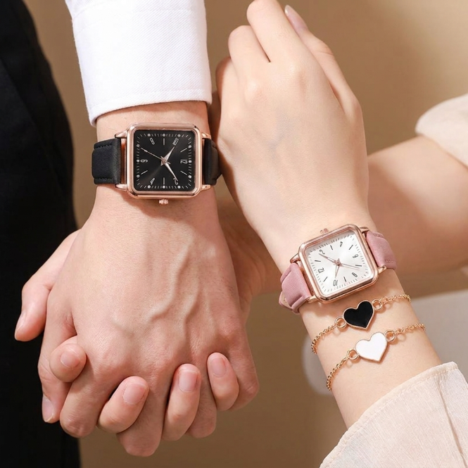 4 In 1 Couple Watch And Bracelet Set Square Dial Quartz personality style Wristwatches Couple Bracelet  Heart Charm Bracelets Lovers' Watches Fashion Valentine Accessories Gift Set