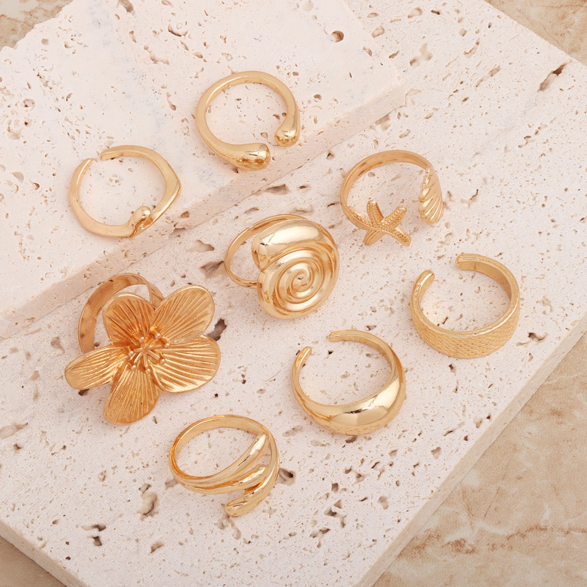 ZHJH 8Pcs Set Flower Conch Shell Gold Ring Vintage Style Fashion Women Stackable Exaggerated Jewelry Set For Daily Use Party Nightclub Beach Trip Summer Vacation Dating Birthday Anniversary Gift