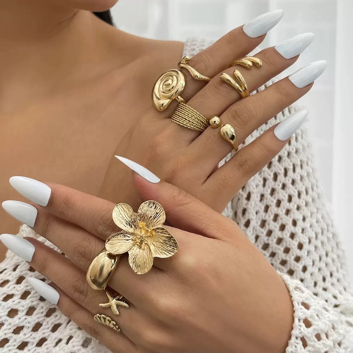 ZHJH 8Pcs Set Flower Conch Shell Gold Ring Vintage Style Fashion Women Stackable Exaggerated Jewelry Set For Daily Use Party Nightclub Beach Trip Summer Vacation Dating Birthday Anniversary Gift